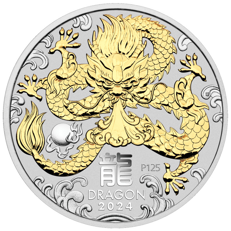 Stříbrná mince 1 oz Rok Draka Lunární série III 2024 Pozlacená