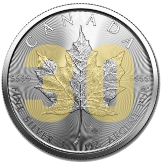 Stříbrná mince se zlatým číslem a certifikátem v dárkové krabičce1 oz Maple Leaf