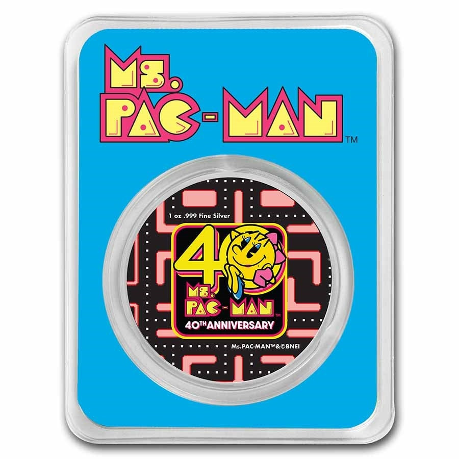 Stříbrná mince 1 oz Ms. PAC-MAN 40. výročí 2021 Kolorovaná v kartě