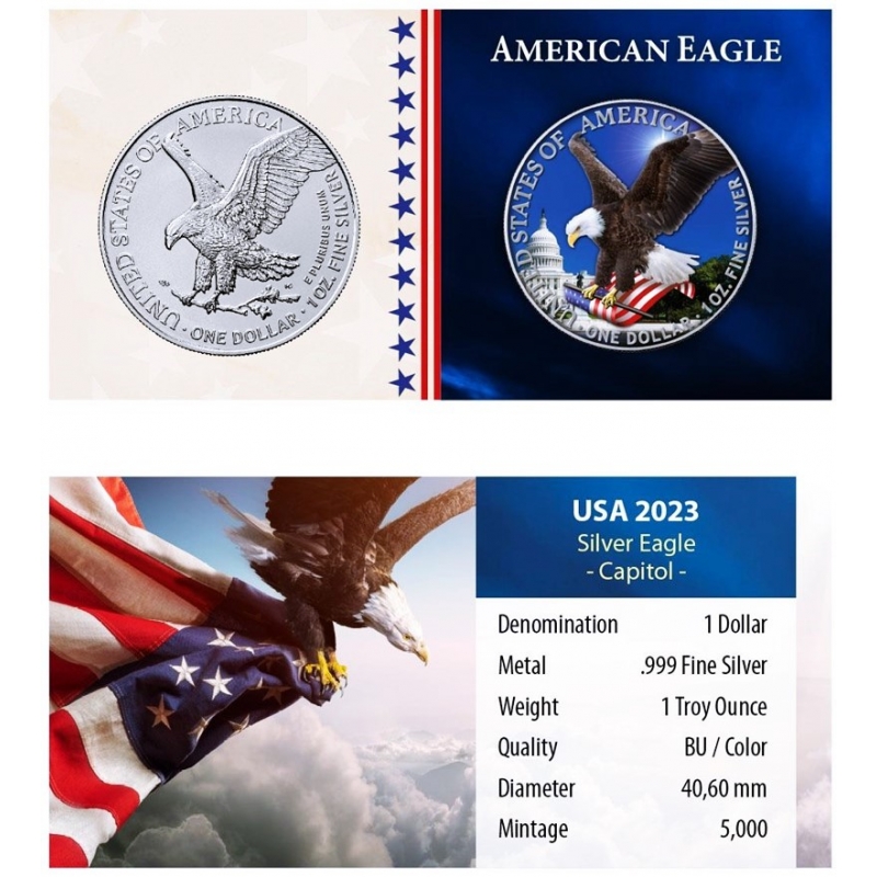 Stříbrná mince 1 oz American Eagle Kapitol 2023 Kolorovaná