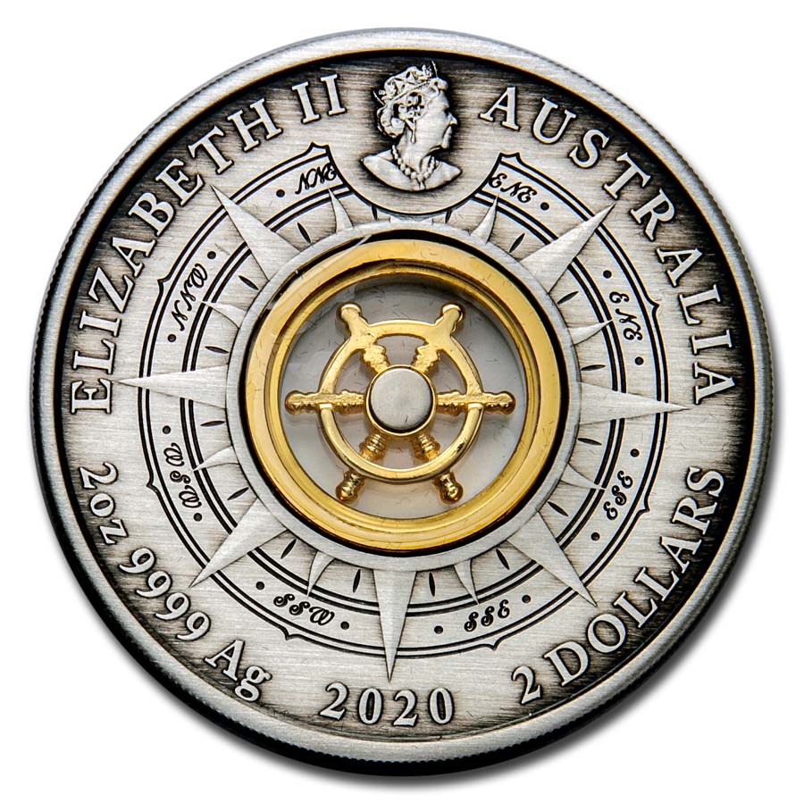 Stříbrná mince Cesta za objevováním Endeavouru 1770-2020 2 oz Ostařená 