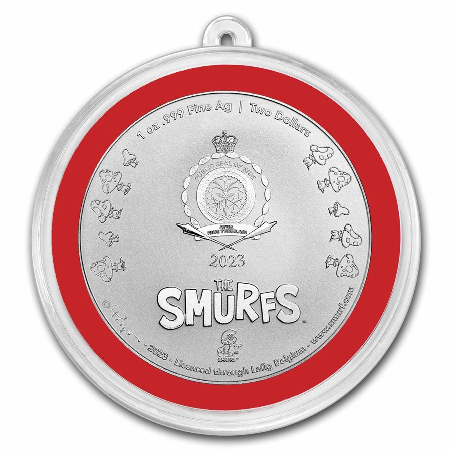 Stříbrná mince 1 oz Šmoulové - vánoční ozdoba 2023 Kolorovaná