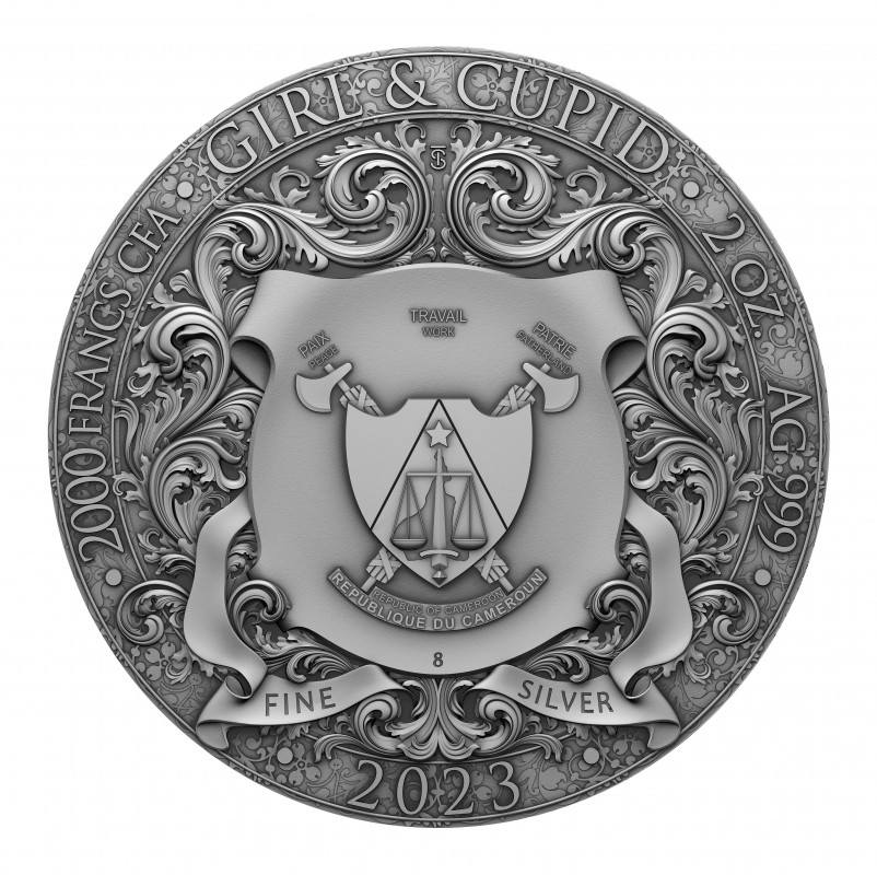 Stříbrná mince 2 oz Girl & Cupid 2023 Ostařená, Pozlacená