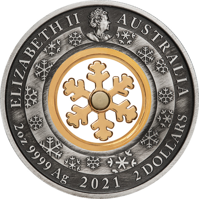 Stříbrná mince 2 oz Sněhová vločka 2021 Ostařená, Pozlacená