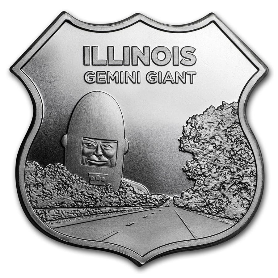 Stříbrná mince 1 oz Icons of Route 66 shield Illinois Gemini Giant