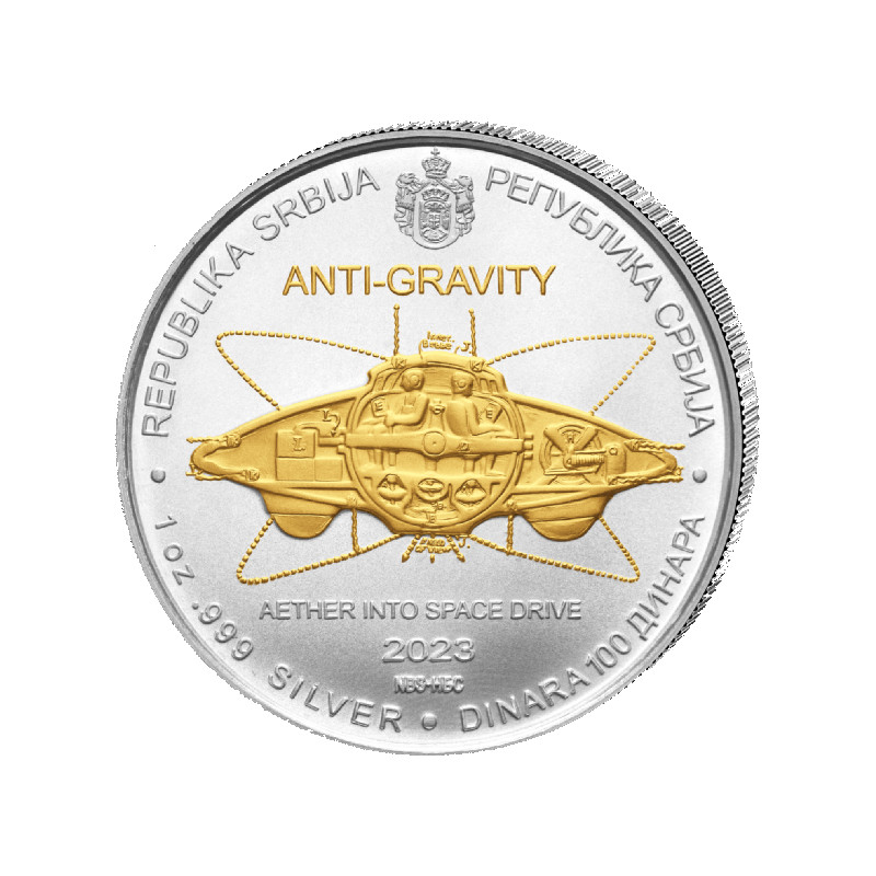 Stříbrná mince 1 oz NIKOLA TESLA  Antigravitační stroj 2023 Zlacená