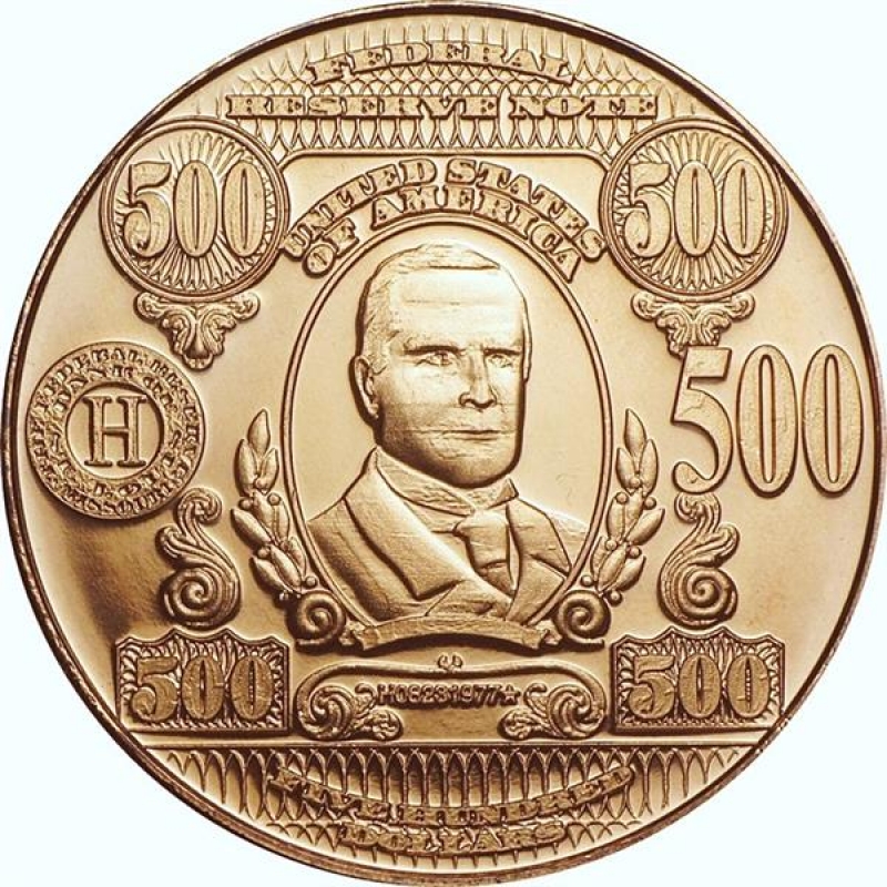 Měděná medaile 1 oz Bankovka 25. Prezident USA McKinley $500 
