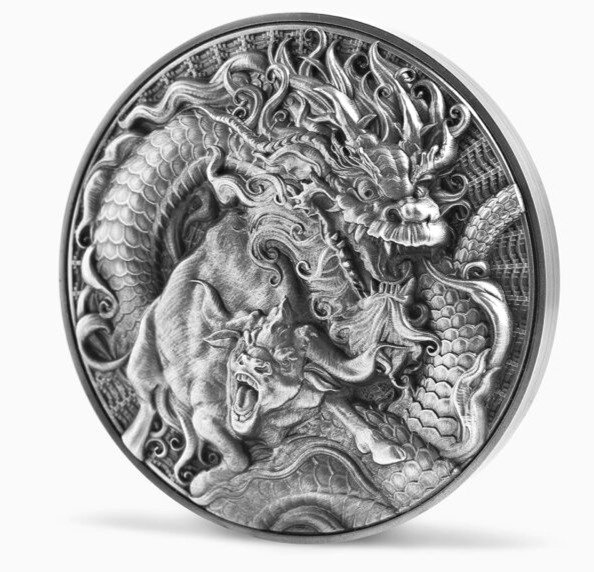Stříbrná mince Čínský Drak a Bůvol 2 oz 2021 Ostařená Velmi Hluboká Ražba