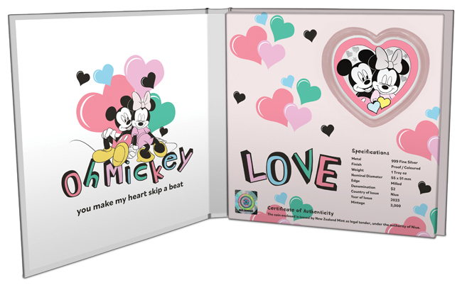 Stříbrná mince 1 oz Mickey a Minnie - "Láska vždy vyhrává" 2023 Kolorovaná