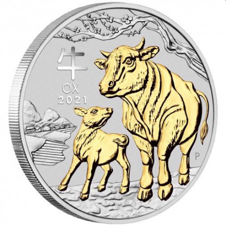Stříbrná mince 1 oz Rok Bůvola Lunární série III 2021 Pozlacená