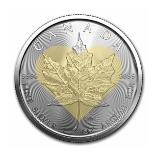 Stříbrná mince 1 oz Maple Leaf Srdce Pozlacená ve stojánku