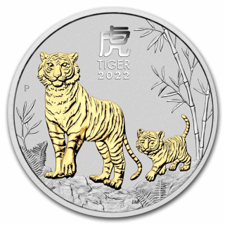 Stříbrná mince 1 oz Rok Tygra Lunární série III 2022 Pozlacená