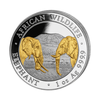 Stříbrná mince 1 oz Somálský slon African Wildlife 2020 Pozlacená