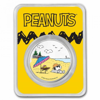 Stříbrná medaile 1 oz Peanuts Snoopy - Woodstock na pláži 2022 Kolorovaná