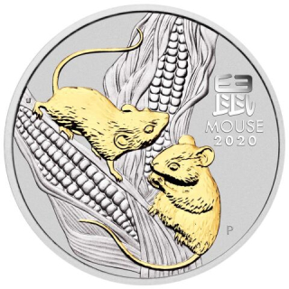 Stříbrná mince 1 oz Rok Myši Lunární série III 2020 Pozlacená