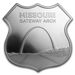 Stříbrná mince 1 oz Icons of Route 66 shield Missouri Gateway Arch