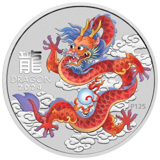 Stříbrná mince 1 oz Red dragon Lunární série III 2024 Kolorovaná v kartě 