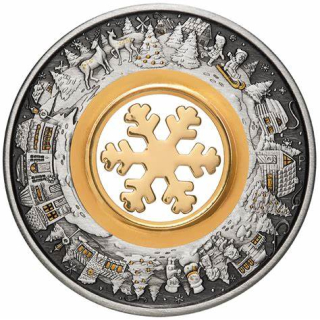Stříbrná mince 2 oz Sněhová vločka 2021 Ostařená, Pozlacená