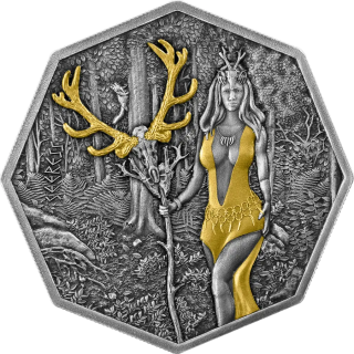 Stříbrná mince 1 oz Rituál věštkyně  Witchcraft 2023 Pozlacená, Ostařená