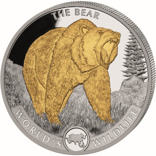 Střibrná mince 1 oz Medvěd Wildlife 2022 Pozlacená