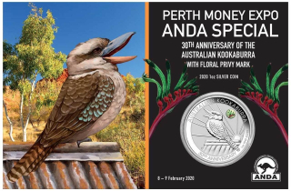 Stříbrná mince 1 oz Money Expo ANDA 30th Kookaburra Kangaroo Paw Perth Mint